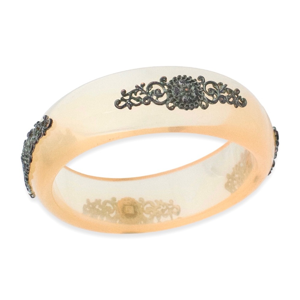 Vintage Lucite Bangle Bracelet Translucent Yellow Orange Cream Ornate Filigree